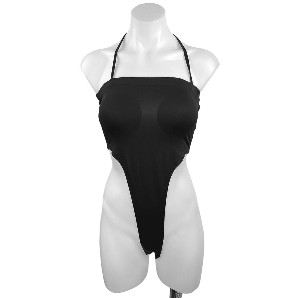 Commense Black Halter Tie Adjustable Square Neck Thong Bodysuit Top Size S